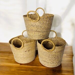 Set of Three Wicker Woven Baskets with Handles